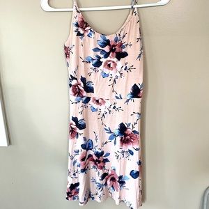 Pink Floral Stretch Mini Dress with Cross Back